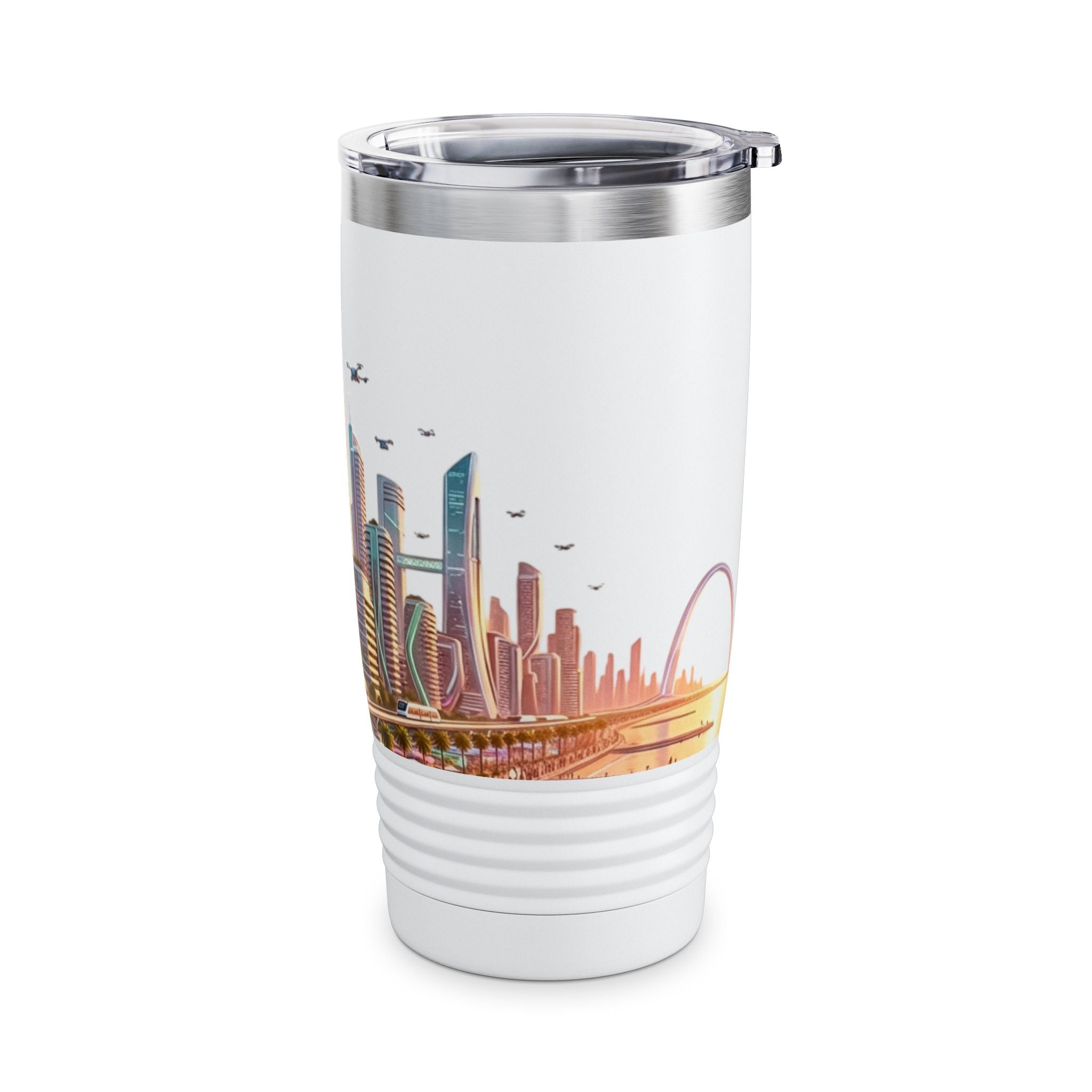 Cityscape Travel Tumbler — Futuristic Urban Skyline 20oz Stainless Steel