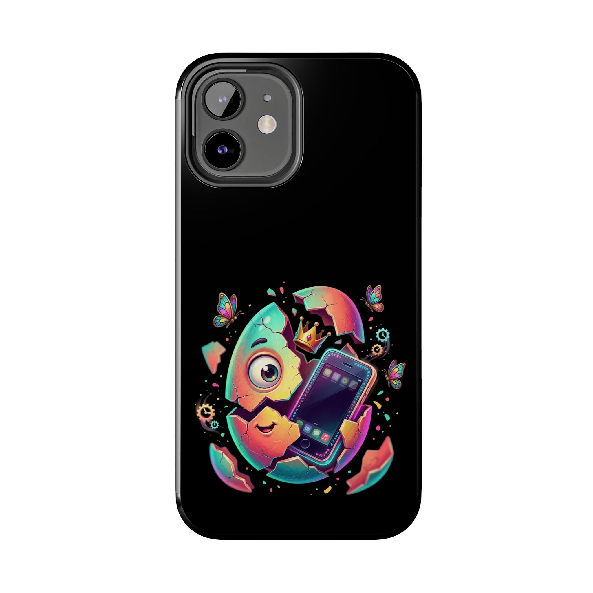 Hatchling Phone Case — Cute Neon Egg Character Holding Smartphone