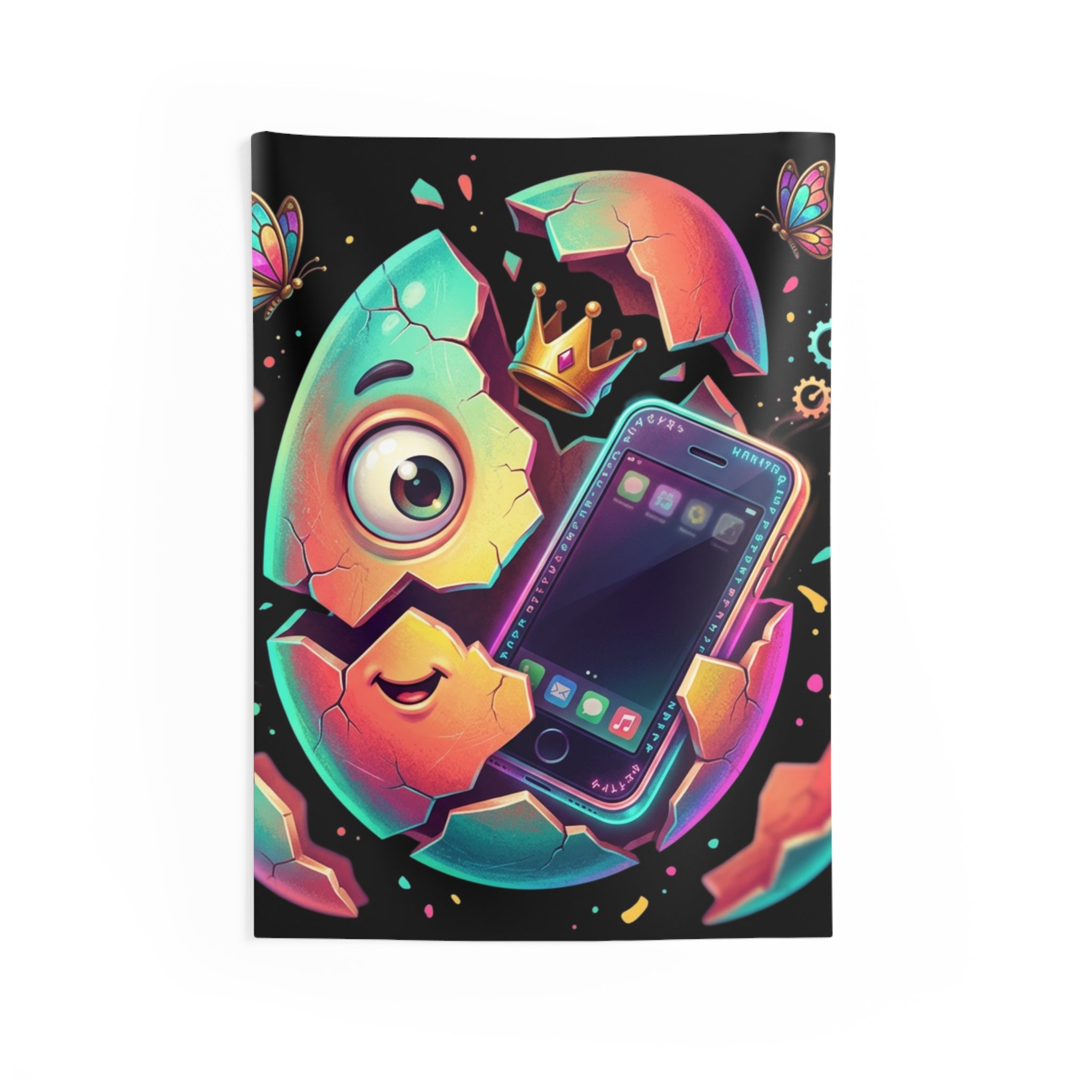 Cute Hatching Egg Phone Tapestry — Colorful Neon Cartoon Wall Hanging