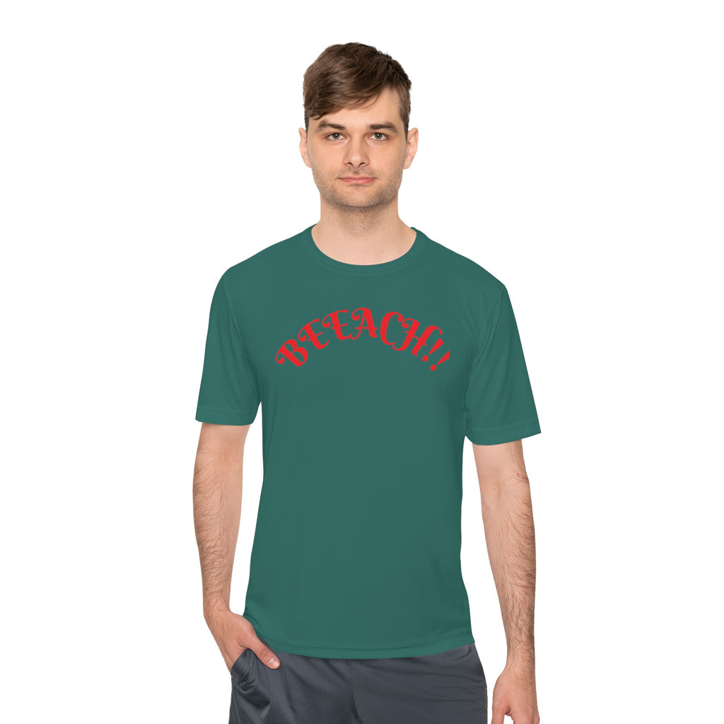 Beach Vibes Moisture-Wicking Tee — 'BEACH!!' Arch Logo