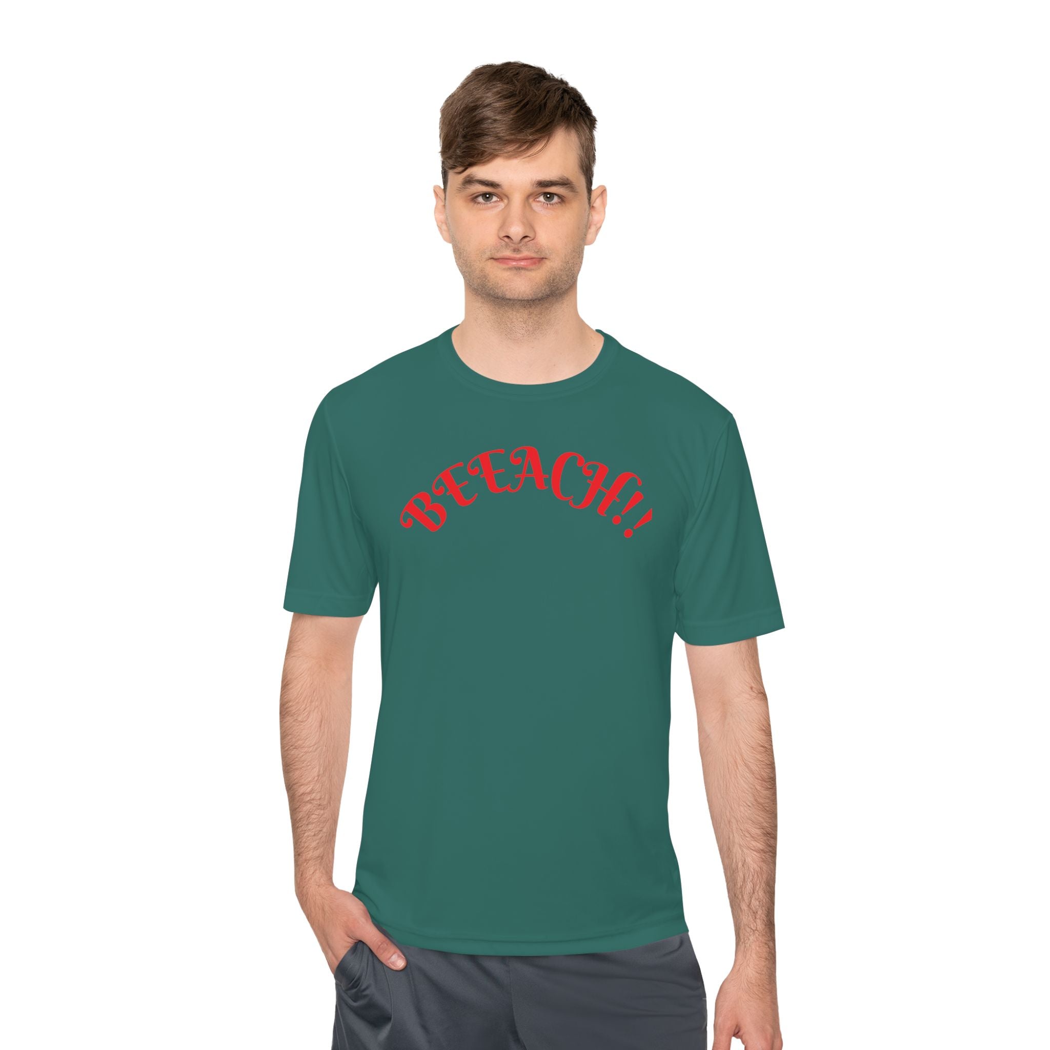 Beach Vibes Moisture-Wicking Tee — 'BEACH!!' Arch Logo