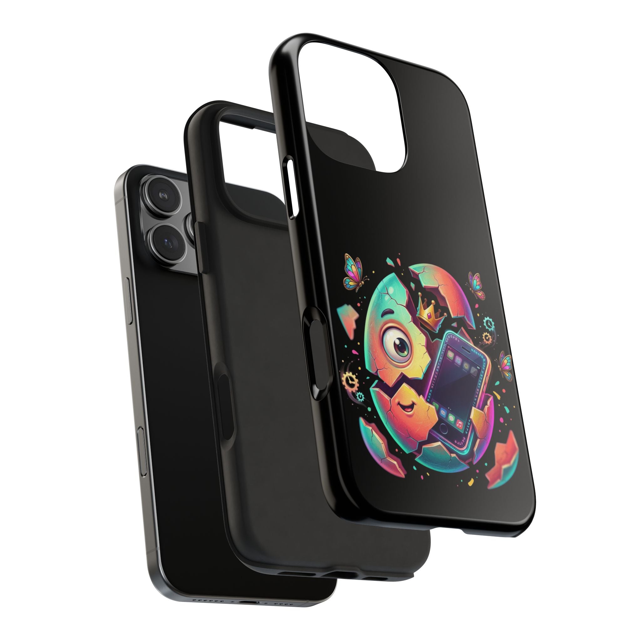 Hatchling Phone Case — Cute Neon Egg Character Holding Smartphone