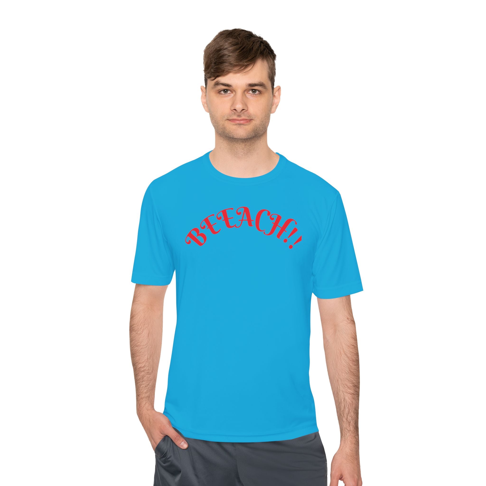 Beach Vibes Moisture-Wicking Tee — 'BEACH!!' Arch Logo