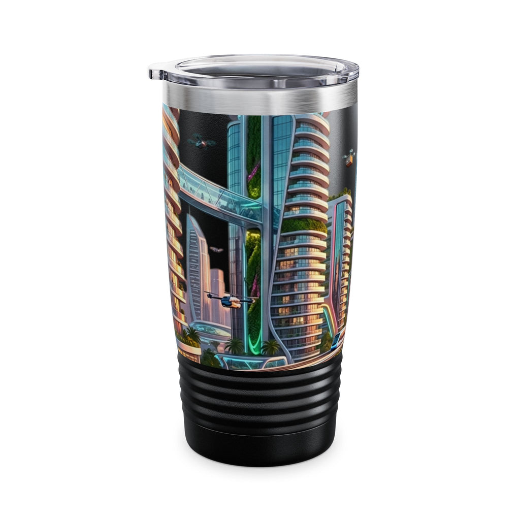 Cityscape Travel Tumbler — Futuristic Urban Skyline 20oz Stainless Steel