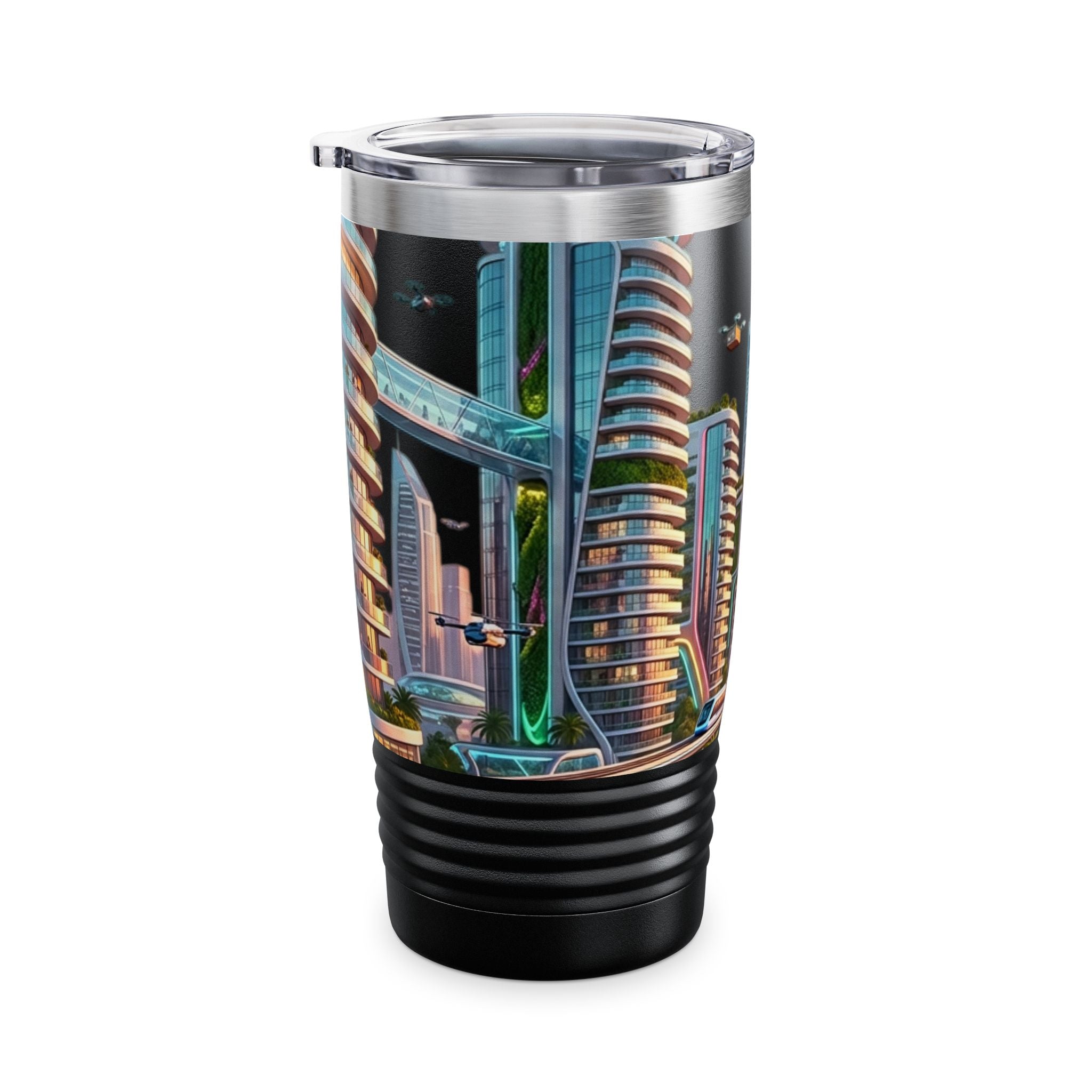 Cityscape Travel Tumbler — Futuristic Urban Skyline 20oz Stainless Steel