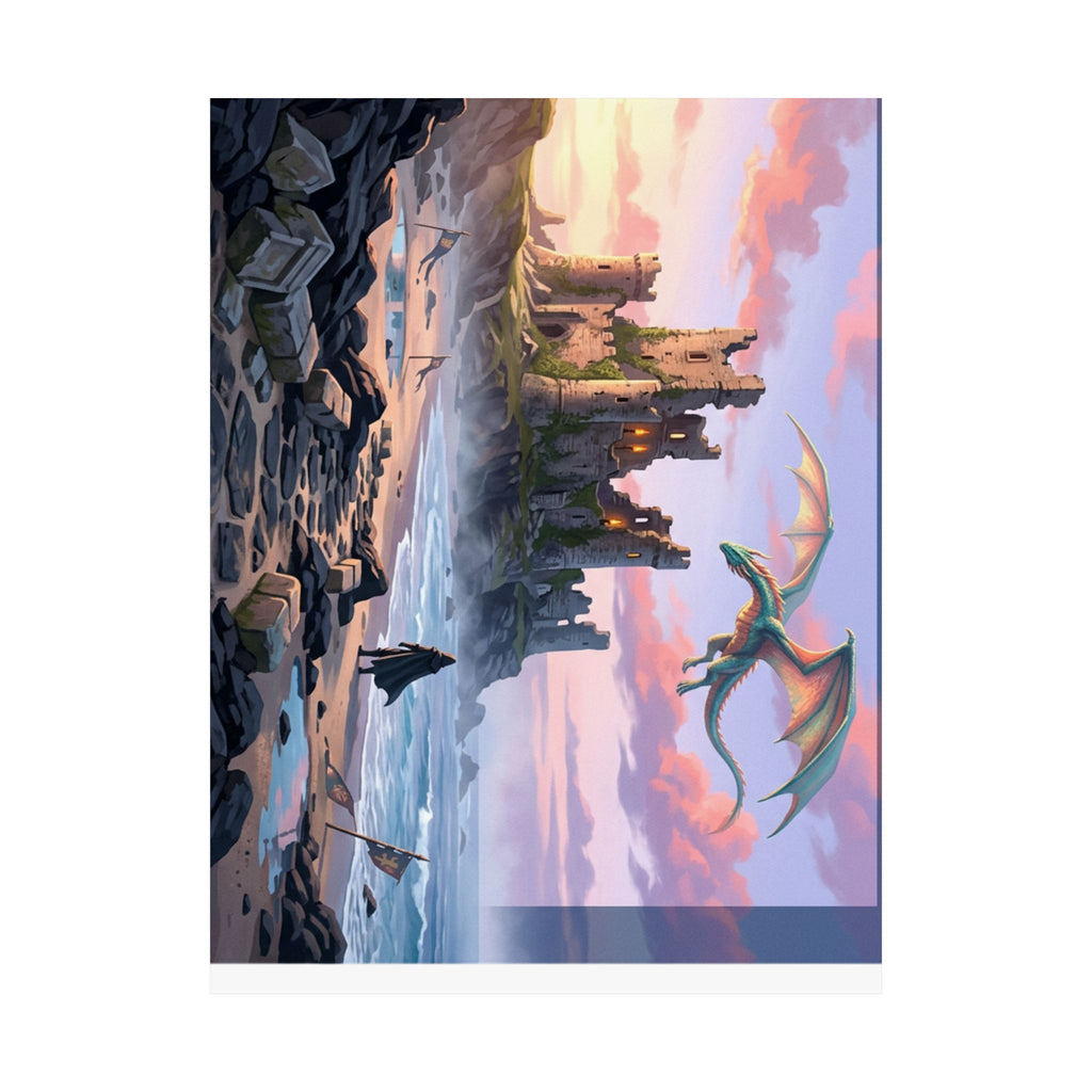 Dragon Sunset Matte Vertical Poster — Fantasy Castle Wall Art