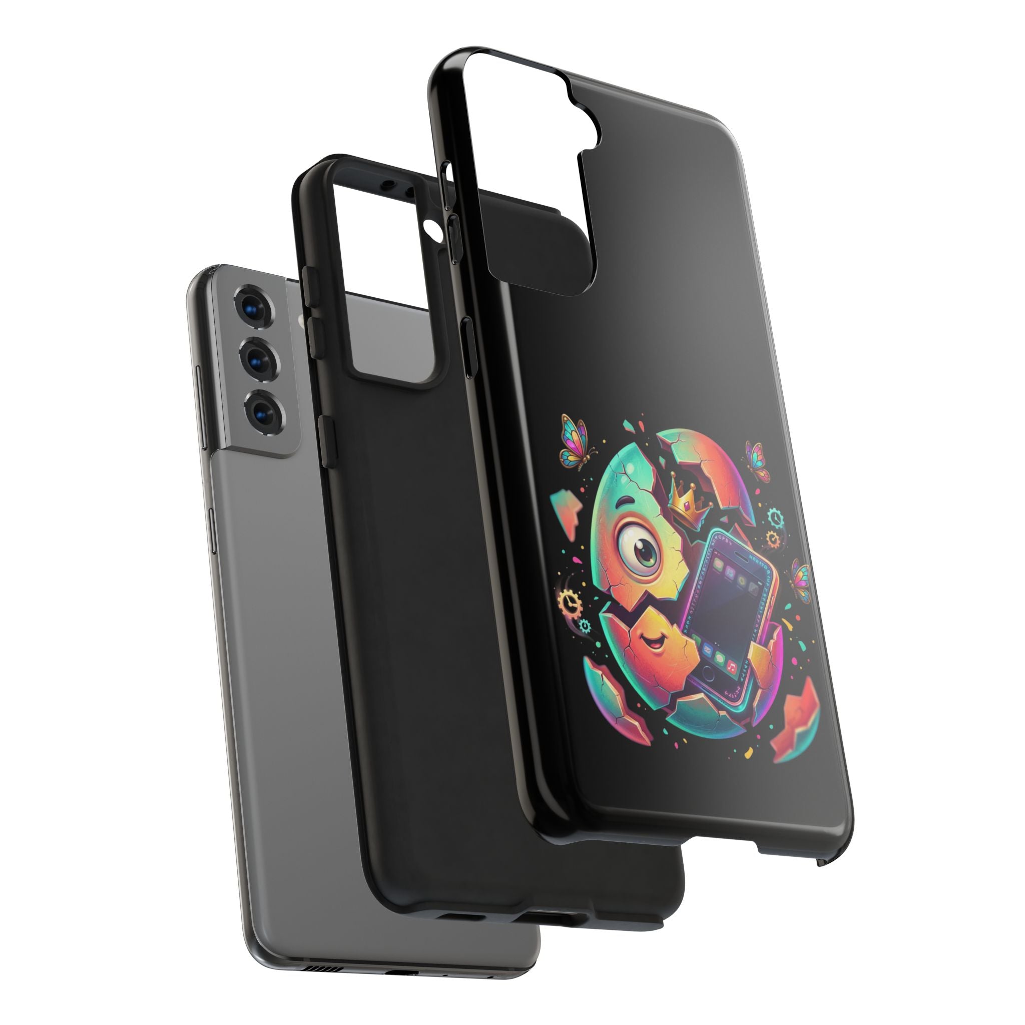 Hatchling Phone Case — Cute Neon Egg Character Holding Smartphone