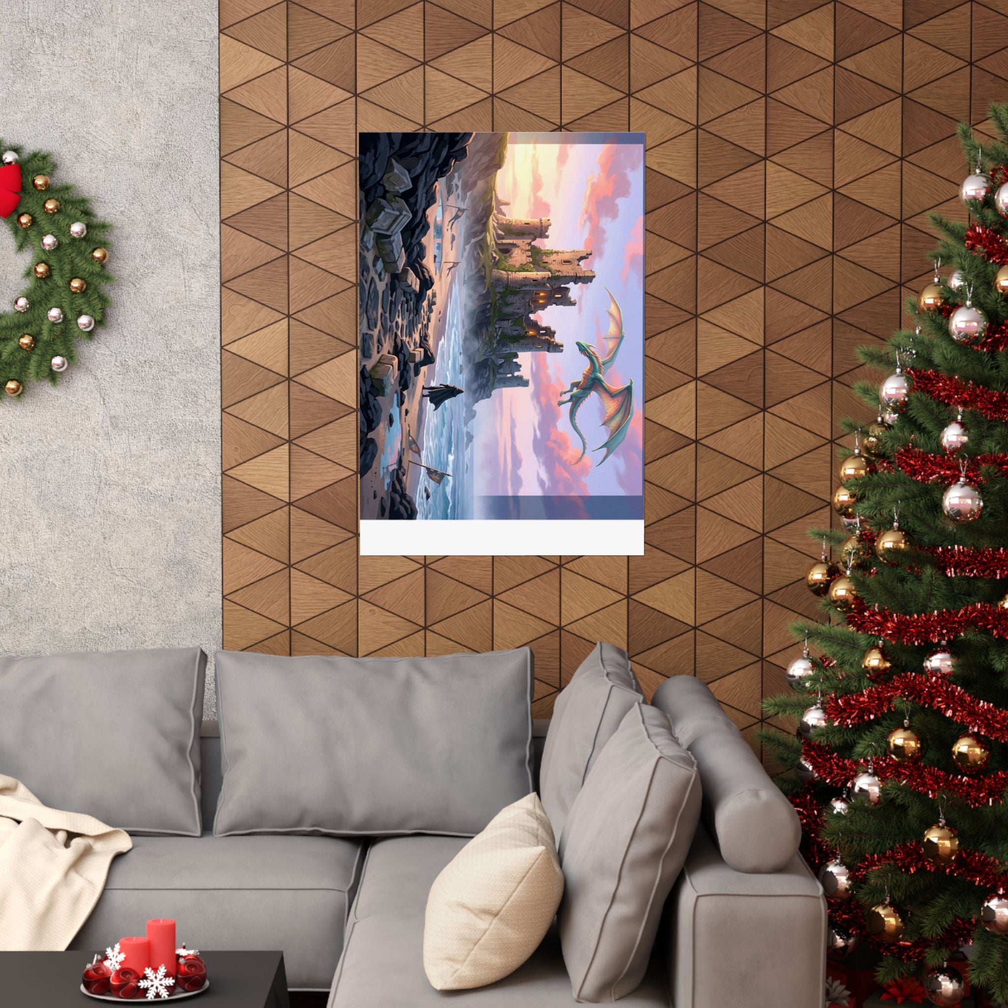 Dragon Sunset Matte Vertical Poster — Fantasy Castle Wall Art