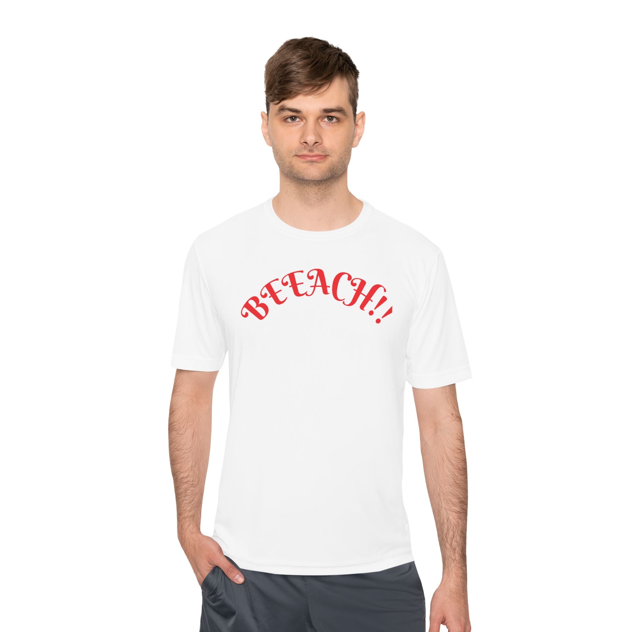 Beach Vibes Moisture-Wicking Tee — 'BEACH!!' Arch Logo