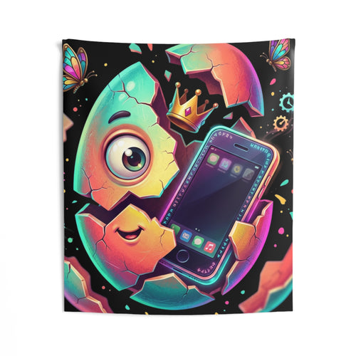 Cute Hatching Egg Phone Tapestry — Colorful Neon Cartoon Wall Hanging