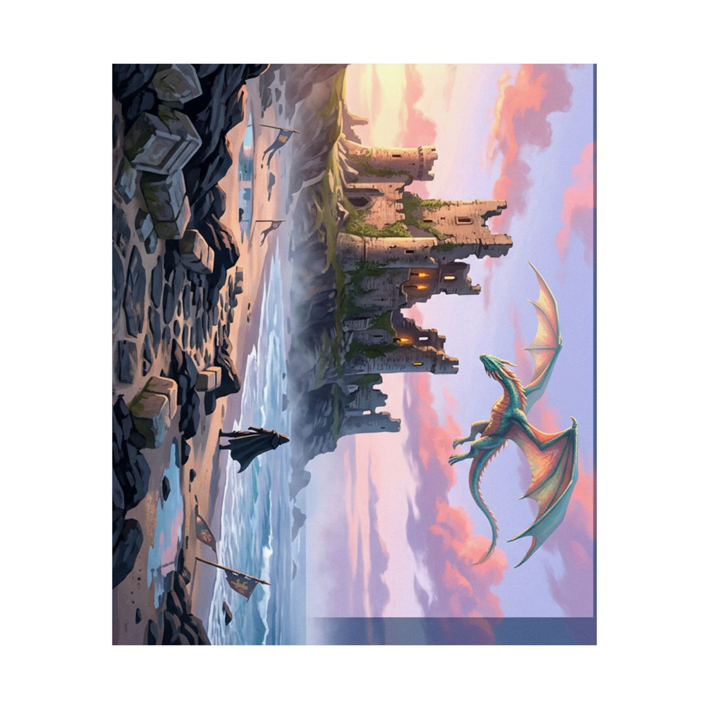 Dragon Sunset Matte Vertical Poster — Fantasy Castle Wall Art
