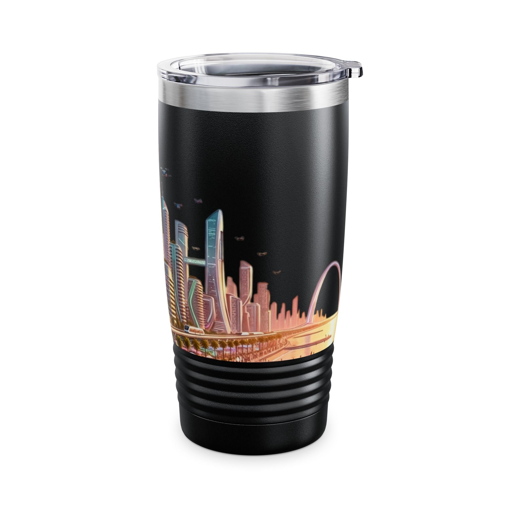Cityscape Travel Tumbler — Futuristic Urban Skyline 20oz Stainless Steel