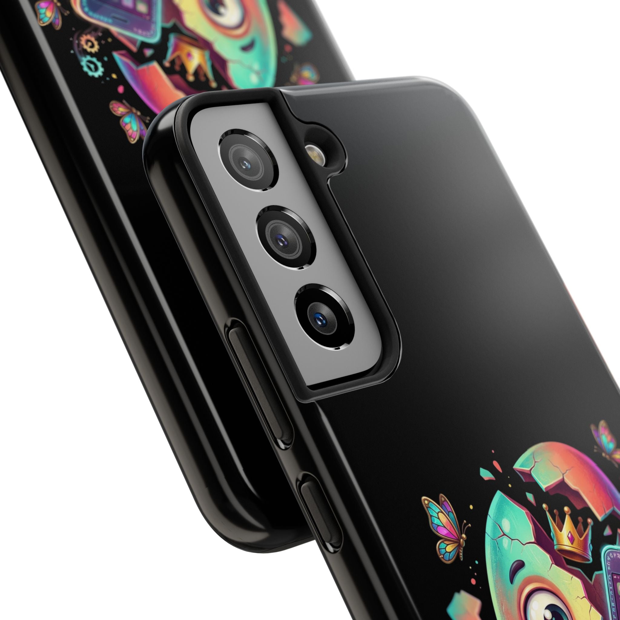 Hatchling Phone Case — Cute Neon Egg Character Holding Smartphone