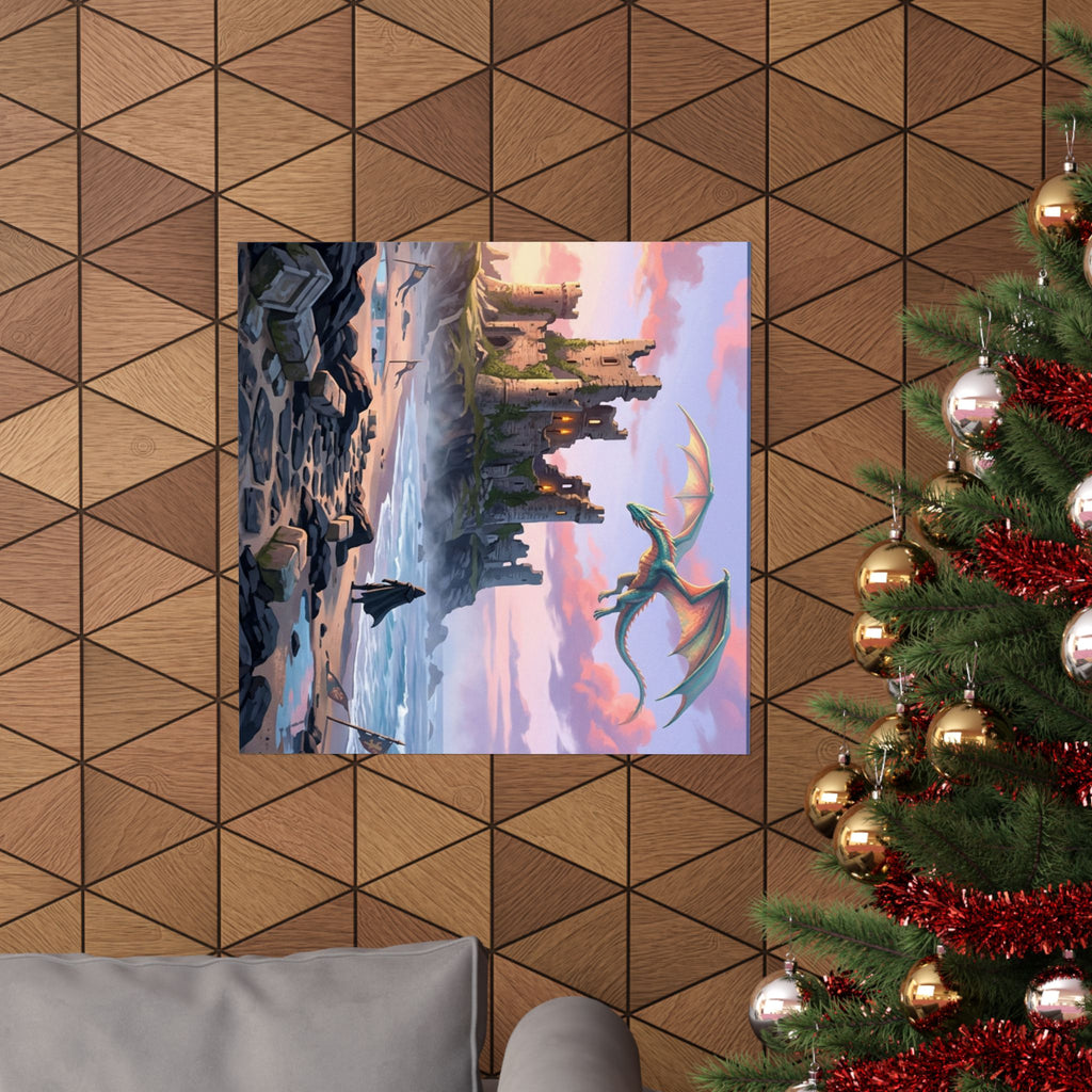Dragon Sunset Matte Vertical Poster — Fantasy Castle Wall Art