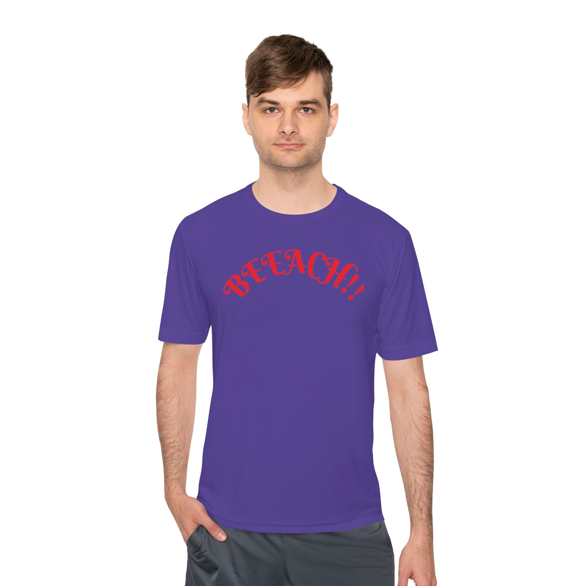 Beach Vibes Moisture-Wicking Tee — 'BEACH!!' Arch Logo