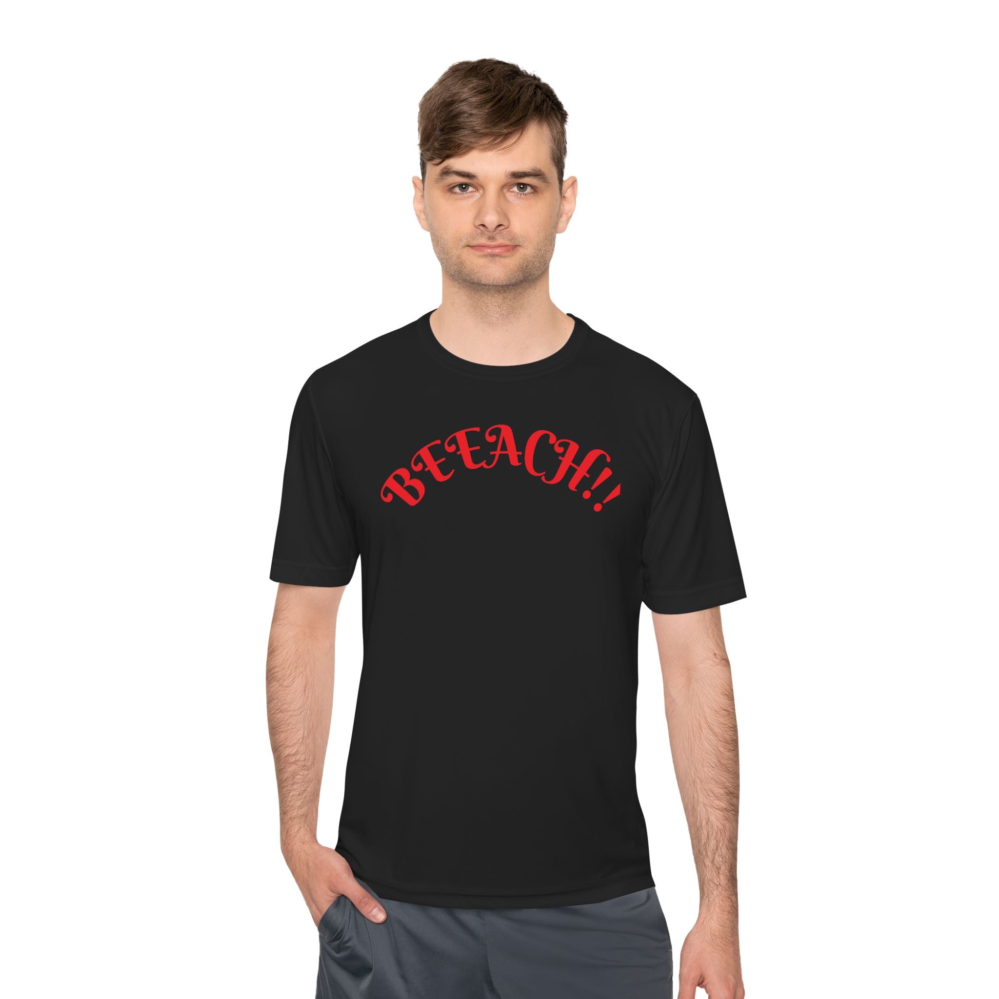 Beach Vibes Moisture-Wicking Tee — 'BEACH!!' Arch Logo