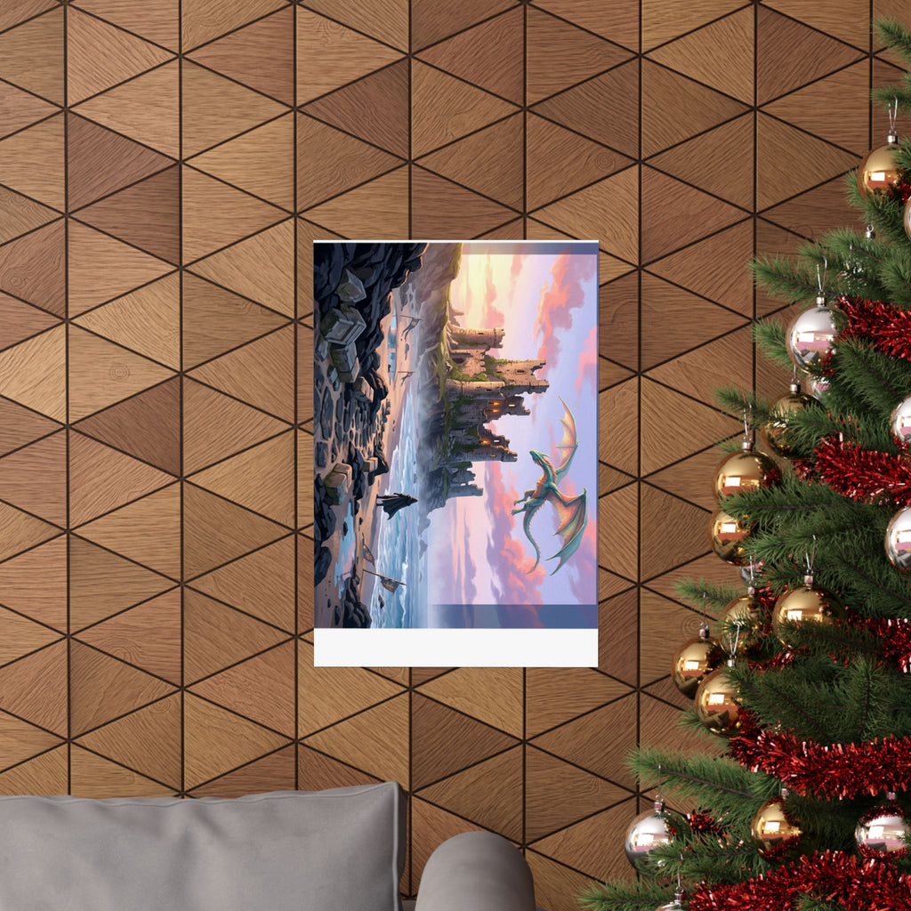 Dragon Sunset Matte Vertical Poster — Fantasy Castle Wall Art
