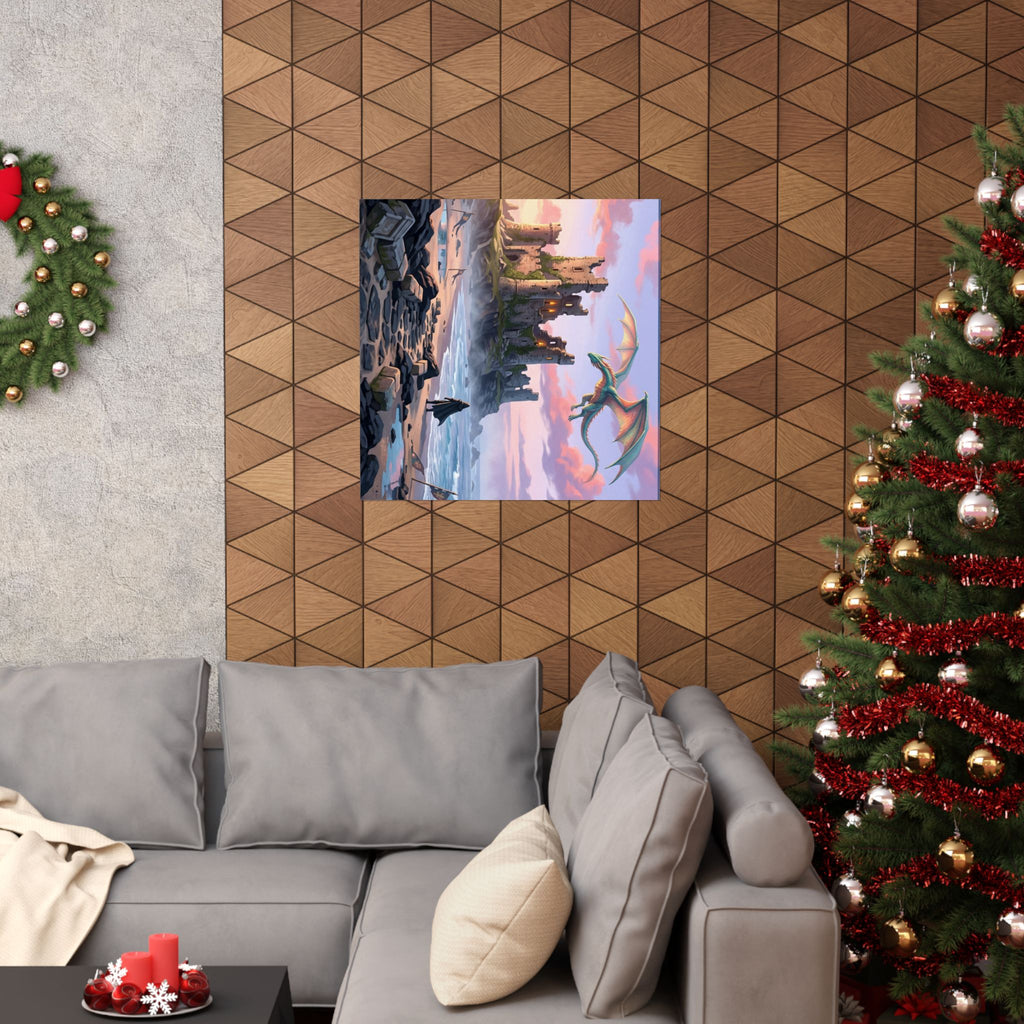 Dragon Sunset Matte Vertical Poster — Fantasy Castle Wall Art
