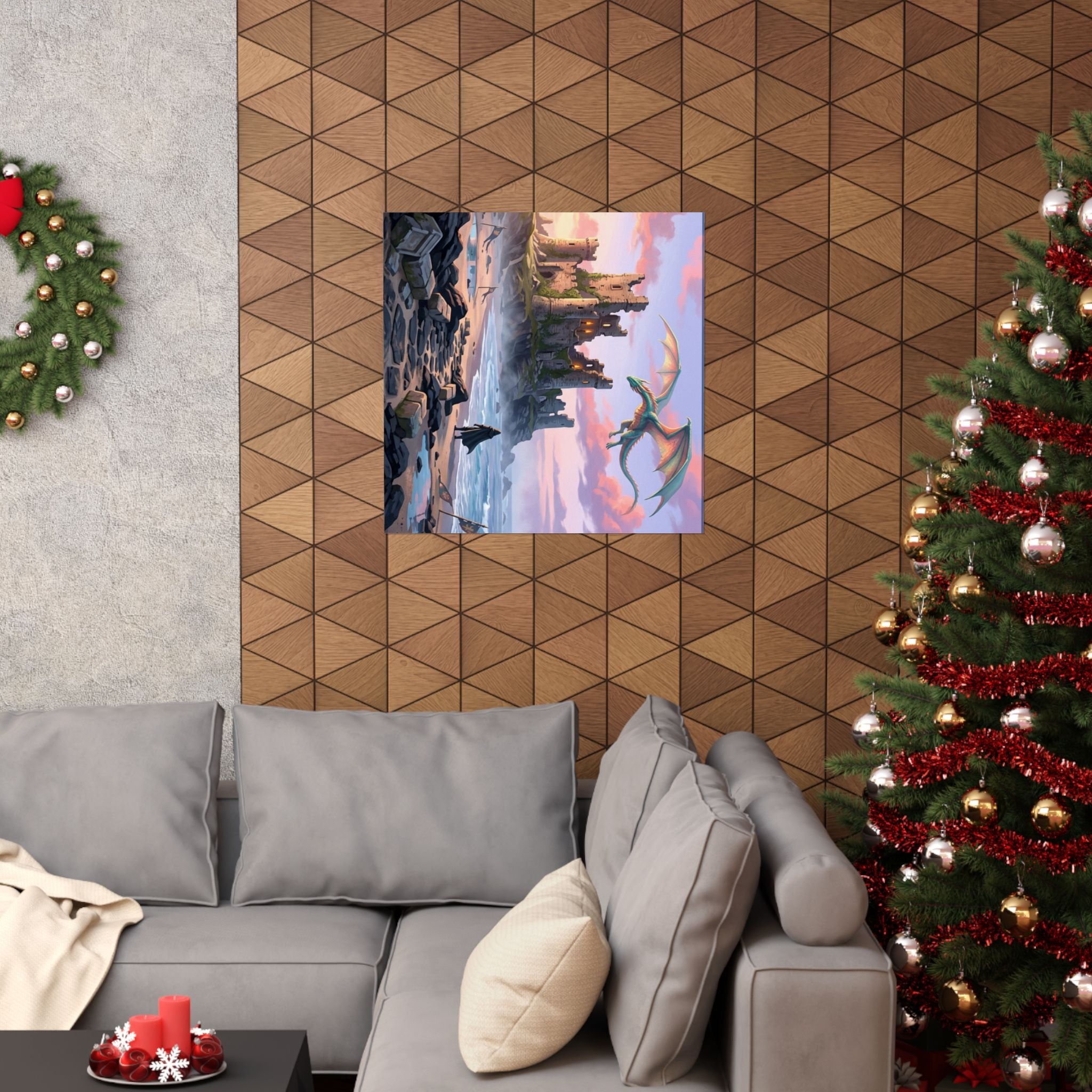 Dragon Sunset Matte Vertical Poster — Fantasy Castle Wall Art