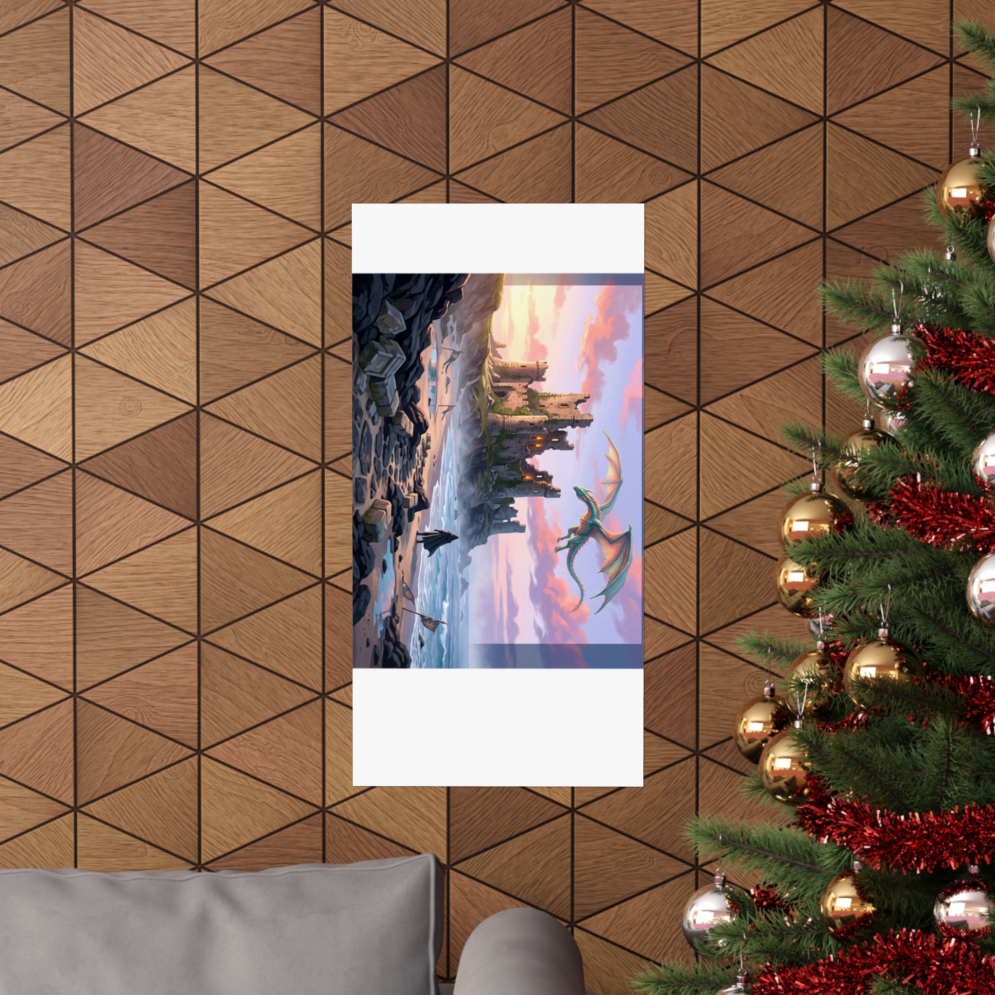 Dragon Sunset Matte Vertical Poster — Fantasy Castle Wall Art