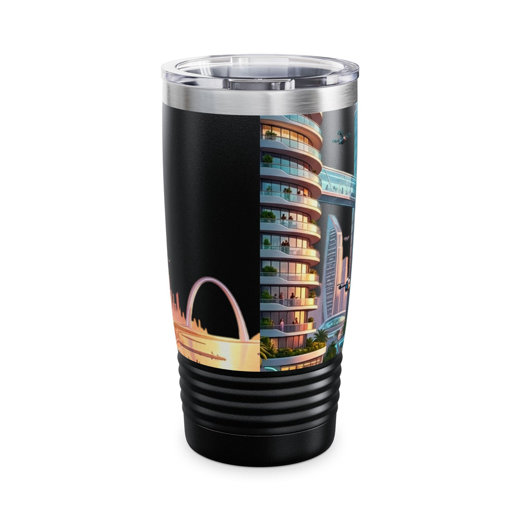 Cityscape Travel Tumbler — Futuristic Urban Skyline 20oz Stainless Steel
