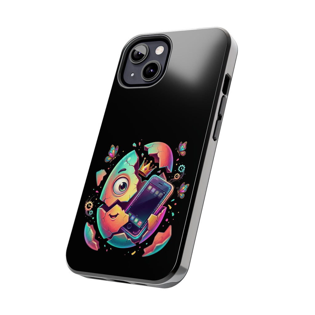 Hatchling Phone Case — Cute Neon Egg Character Holding Smartphone