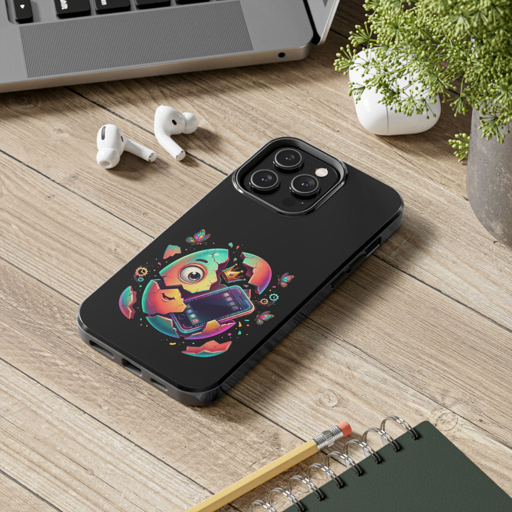 Hatchling Phone Case — Cute Neon Egg Character Holding Smartphone