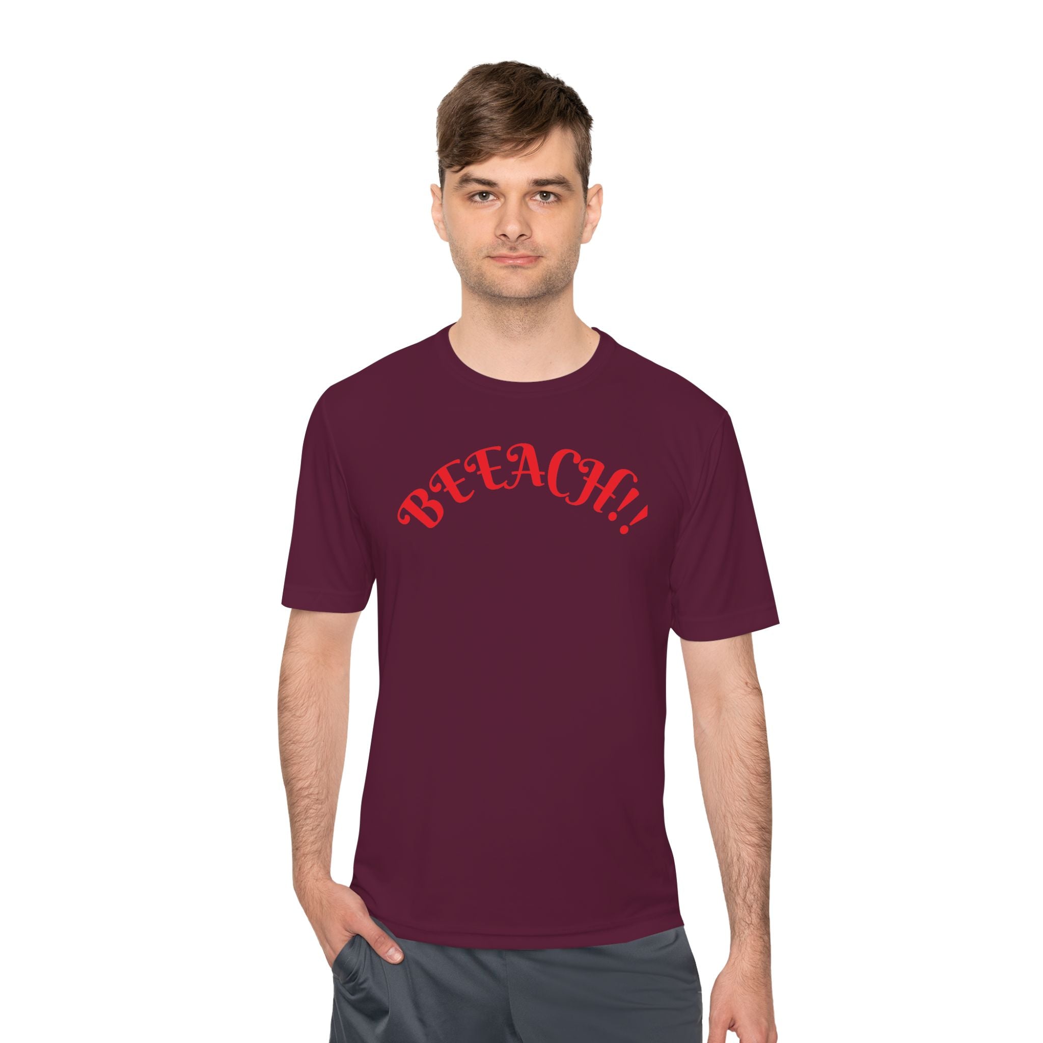 Beach Vibes Moisture-Wicking Tee — 'BEACH!!' Arch Logo