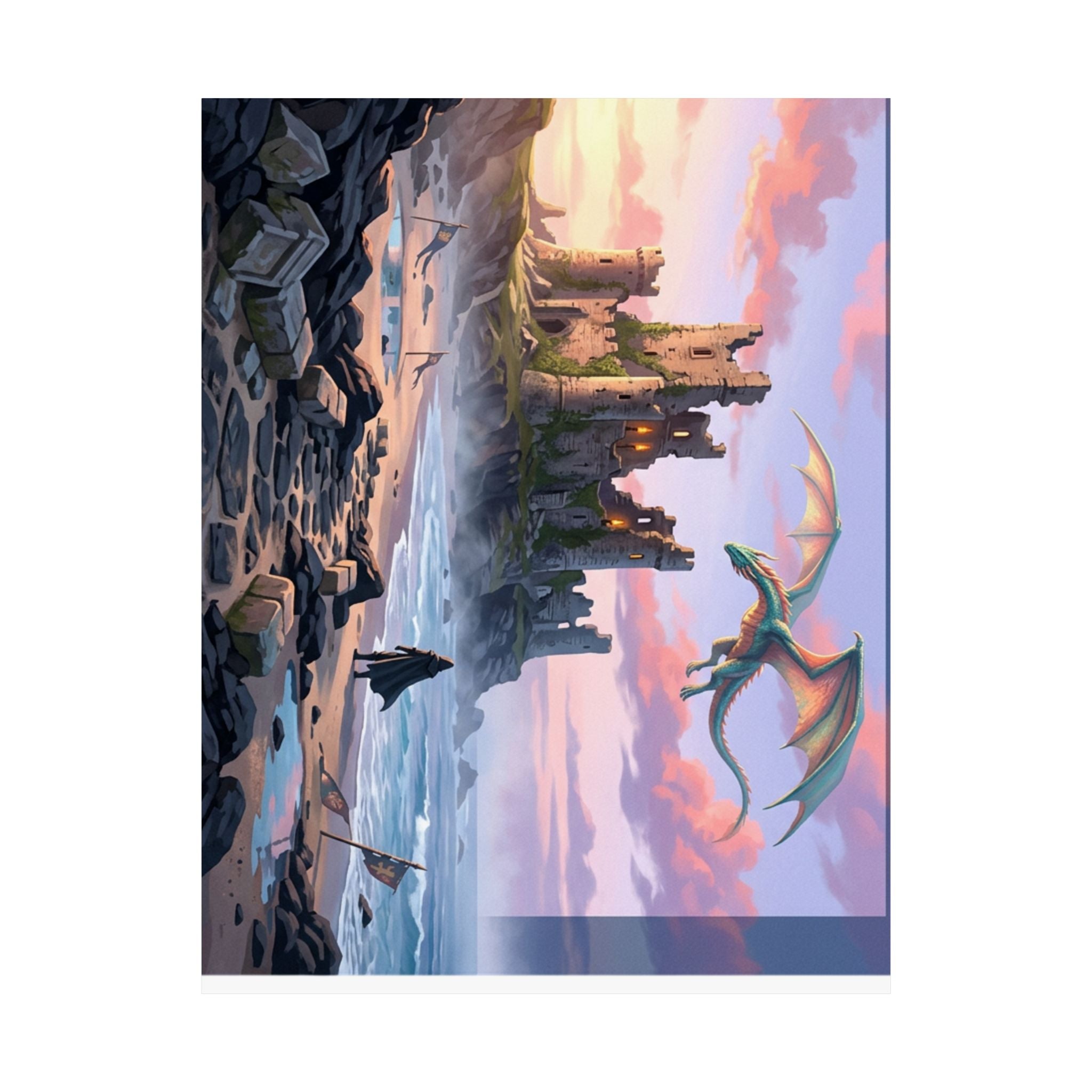 Dragon Sunset Matte Vertical Poster — Fantasy Castle Wall Art