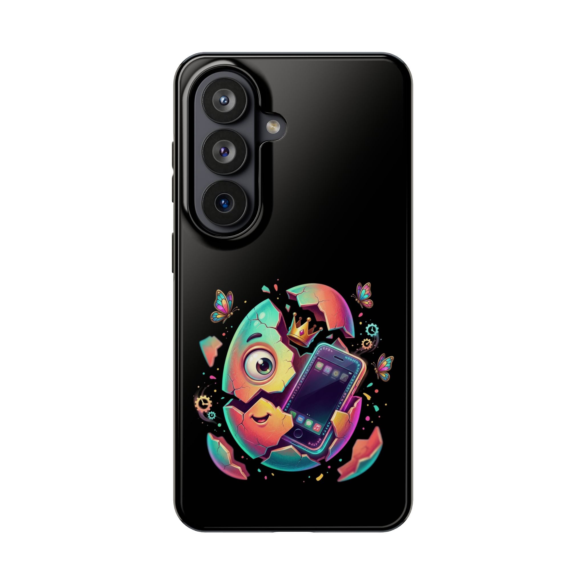 Hatchling Phone Case — Cute Neon Egg Character Holding Smartphone