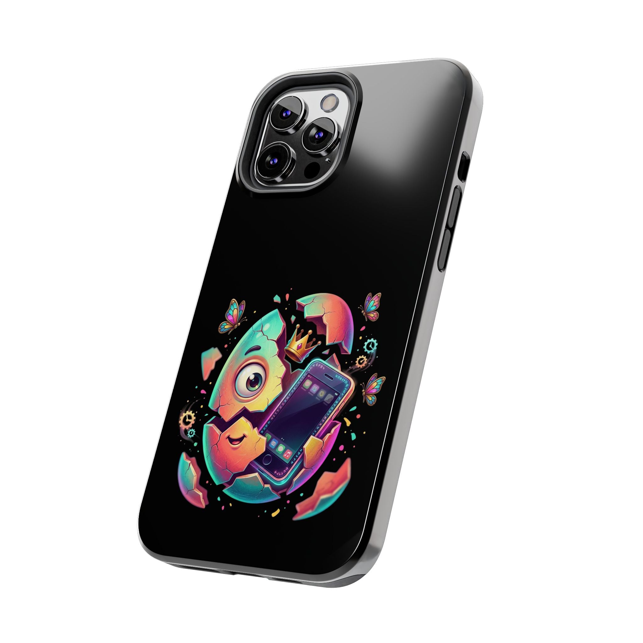 Hatchling Phone Case — Cute Neon Egg Character Holding Smartphone