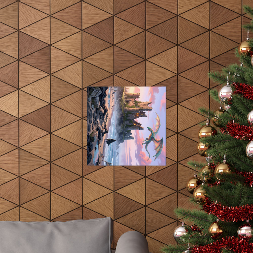 Dragon Sunset Matte Vertical Poster — Fantasy Castle Wall Art