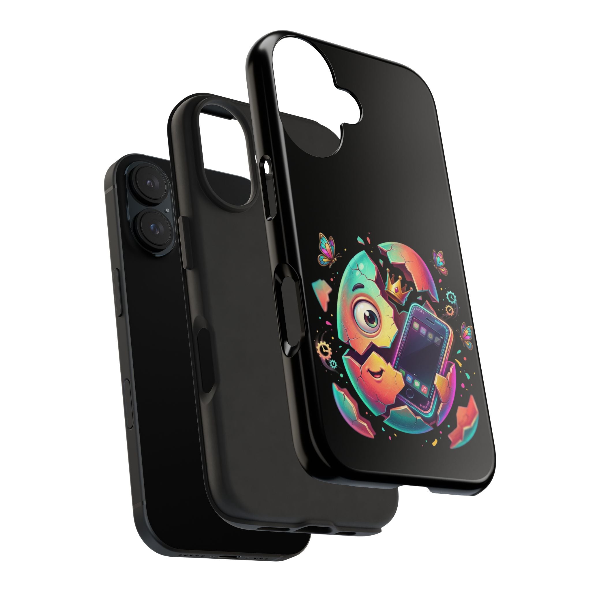 Hatchling Phone Case — Cute Neon Egg Character Holding Smartphone