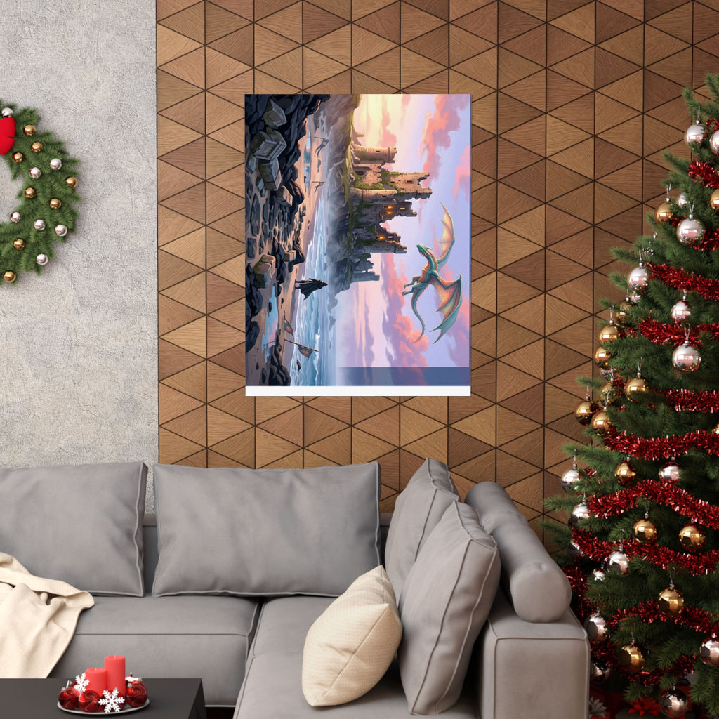 Dragon Sunset Matte Vertical Poster — Fantasy Castle Wall Art