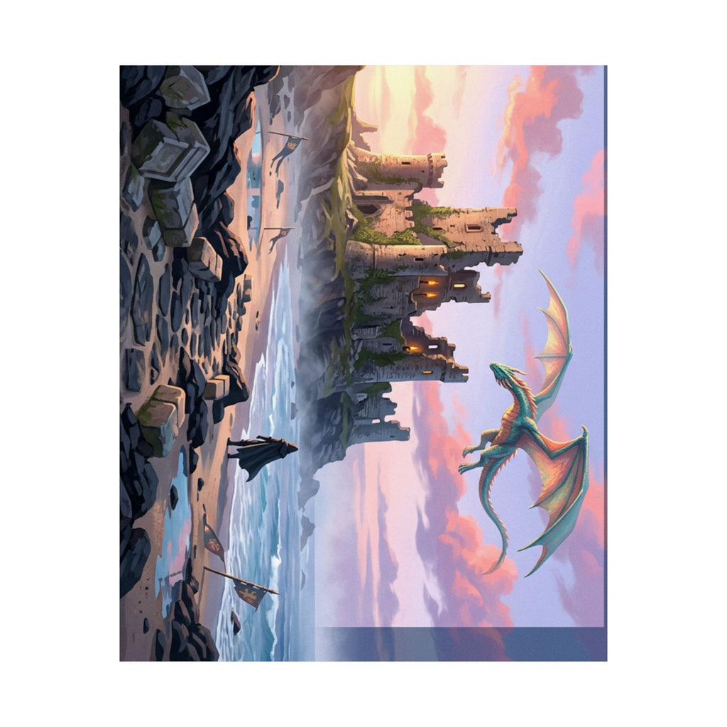 Dragon Sunset Matte Vertical Poster — Fantasy Castle Wall Art