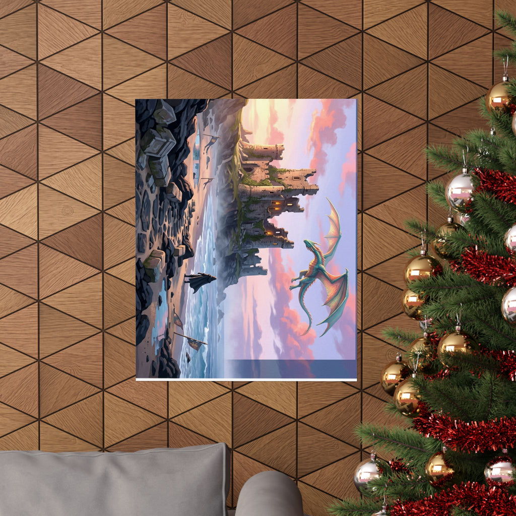 Dragon Sunset Matte Vertical Poster — Fantasy Castle Wall Art