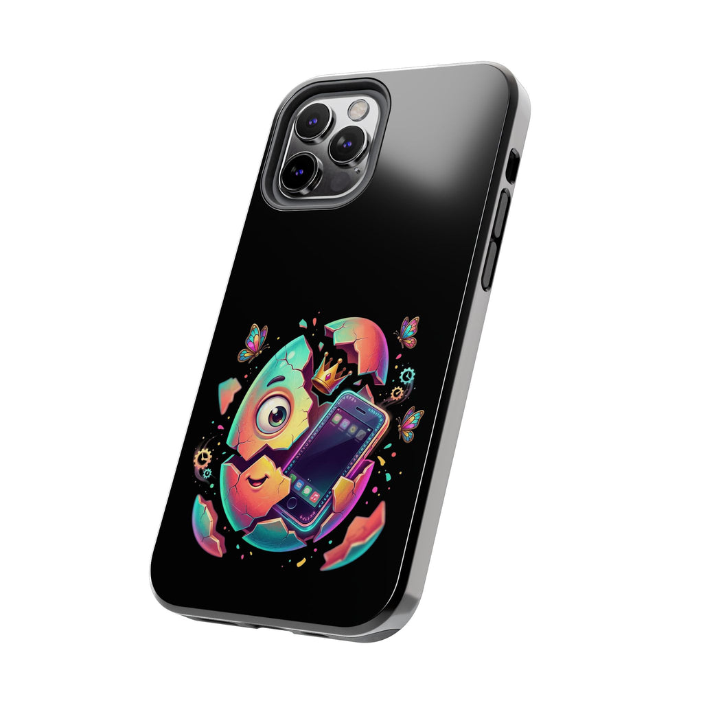 Hatchling Phone Case — Cute Neon Egg Character Holding Smartphone