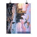 Dragon Sunset Matte Vertical Poster — Fantasy Castle Wall Art