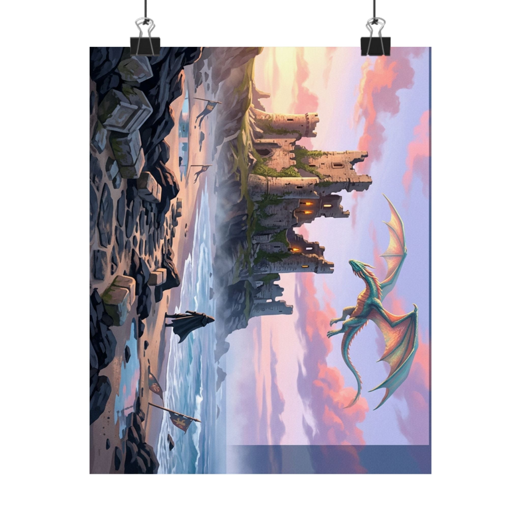 Dragon Sunset Matte Vertical Poster — Fantasy Castle Wall Art