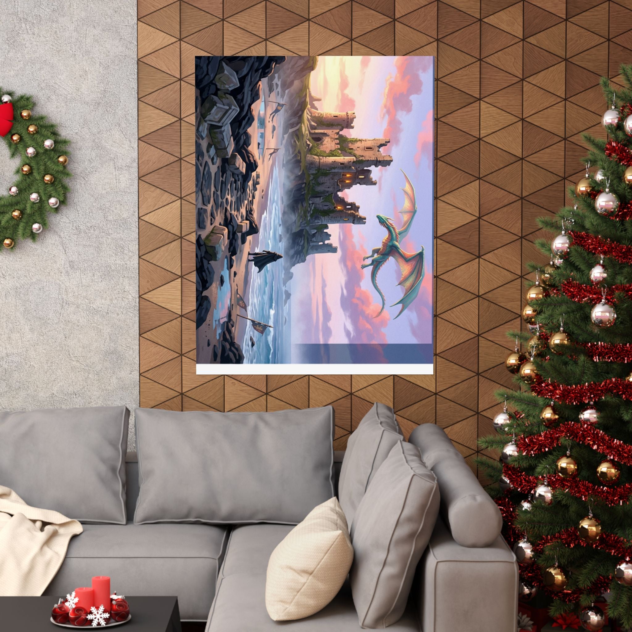 Dragon Sunset Matte Vertical Poster — Fantasy Castle Wall Art