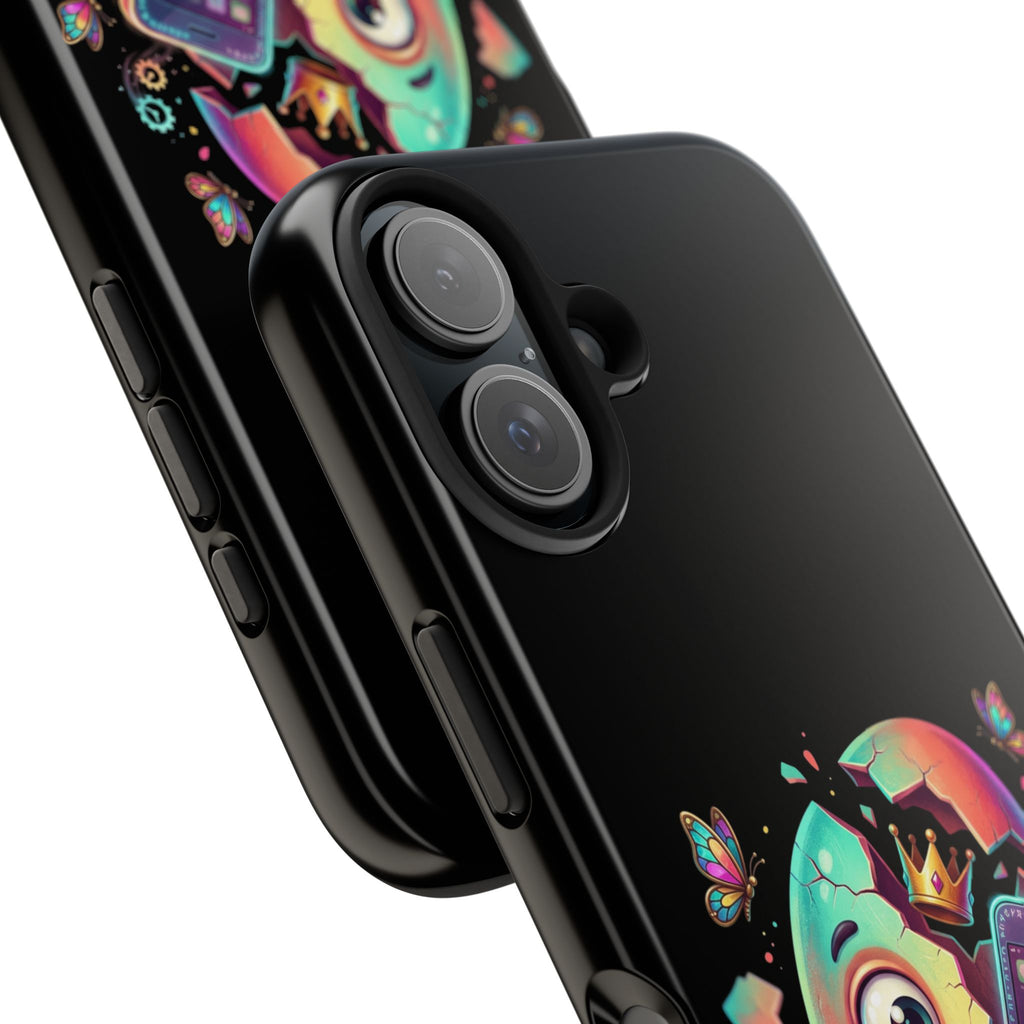 Hatchling Phone Case — Cute Neon Egg Character Holding Smartphone