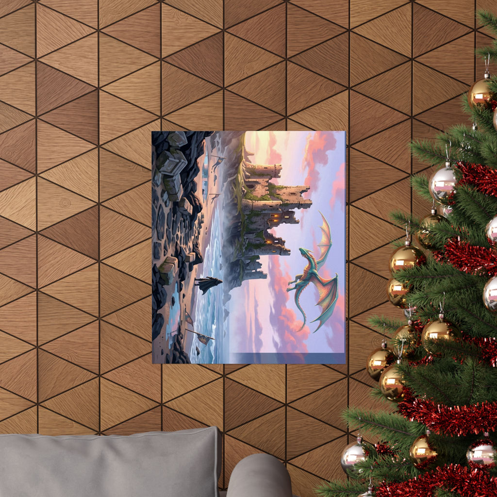 Dragon Sunset Matte Vertical Poster — Fantasy Castle Wall Art