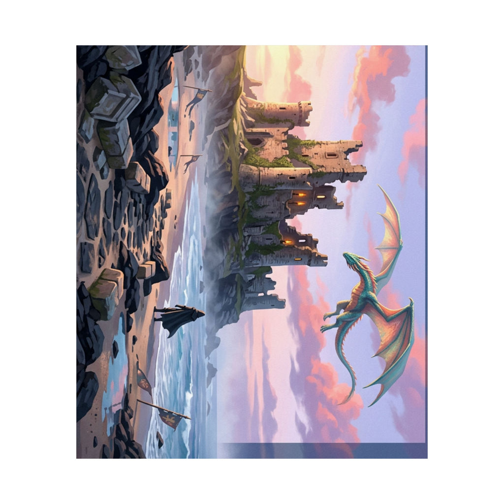 Dragon Sunset Matte Vertical Poster — Fantasy Castle Wall Art