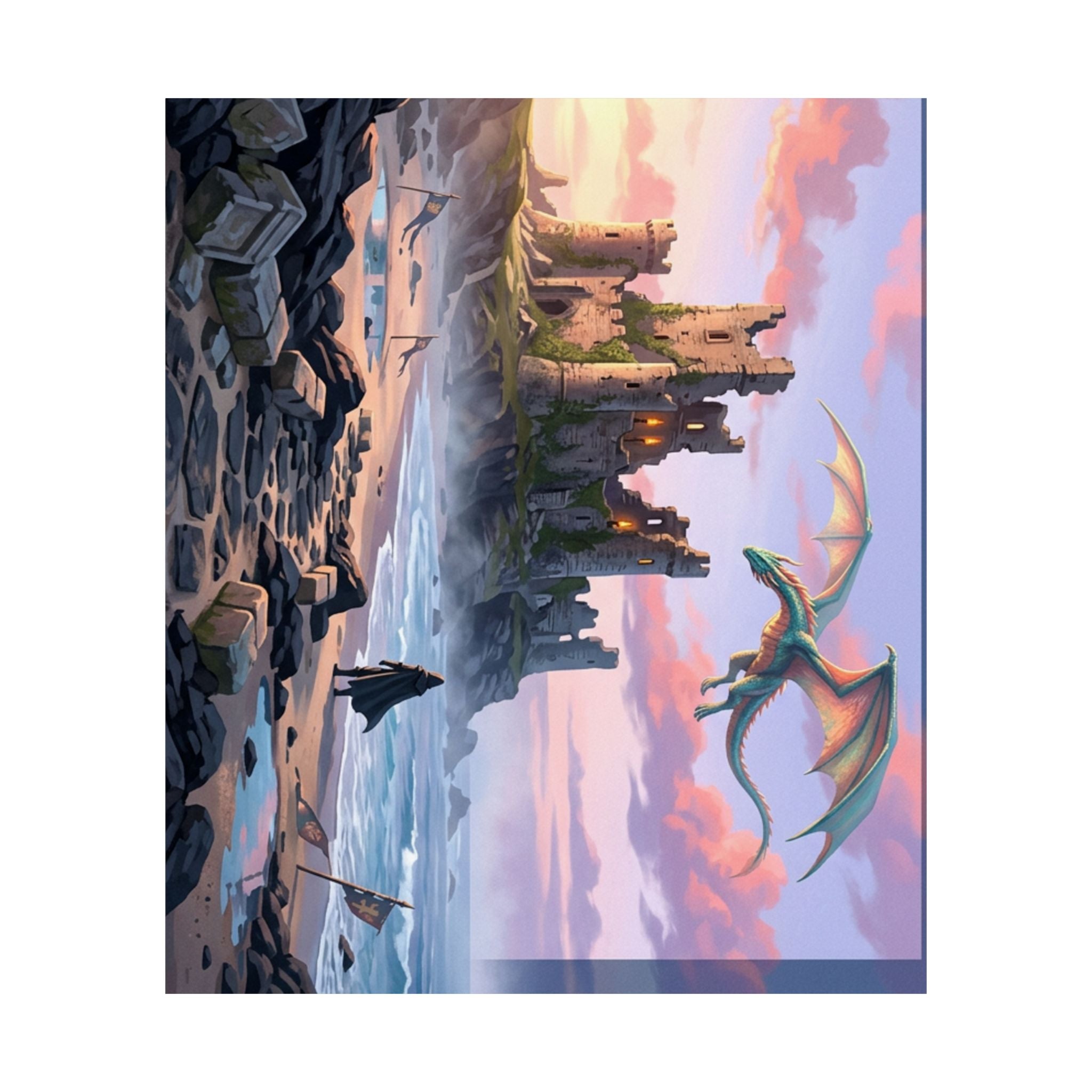 Dragon Sunset Matte Vertical Poster — Fantasy Castle Wall Art