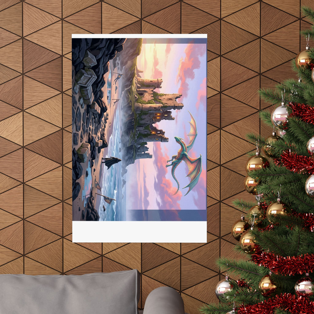 Dragon Sunset Matte Vertical Poster — Fantasy Castle Wall Art