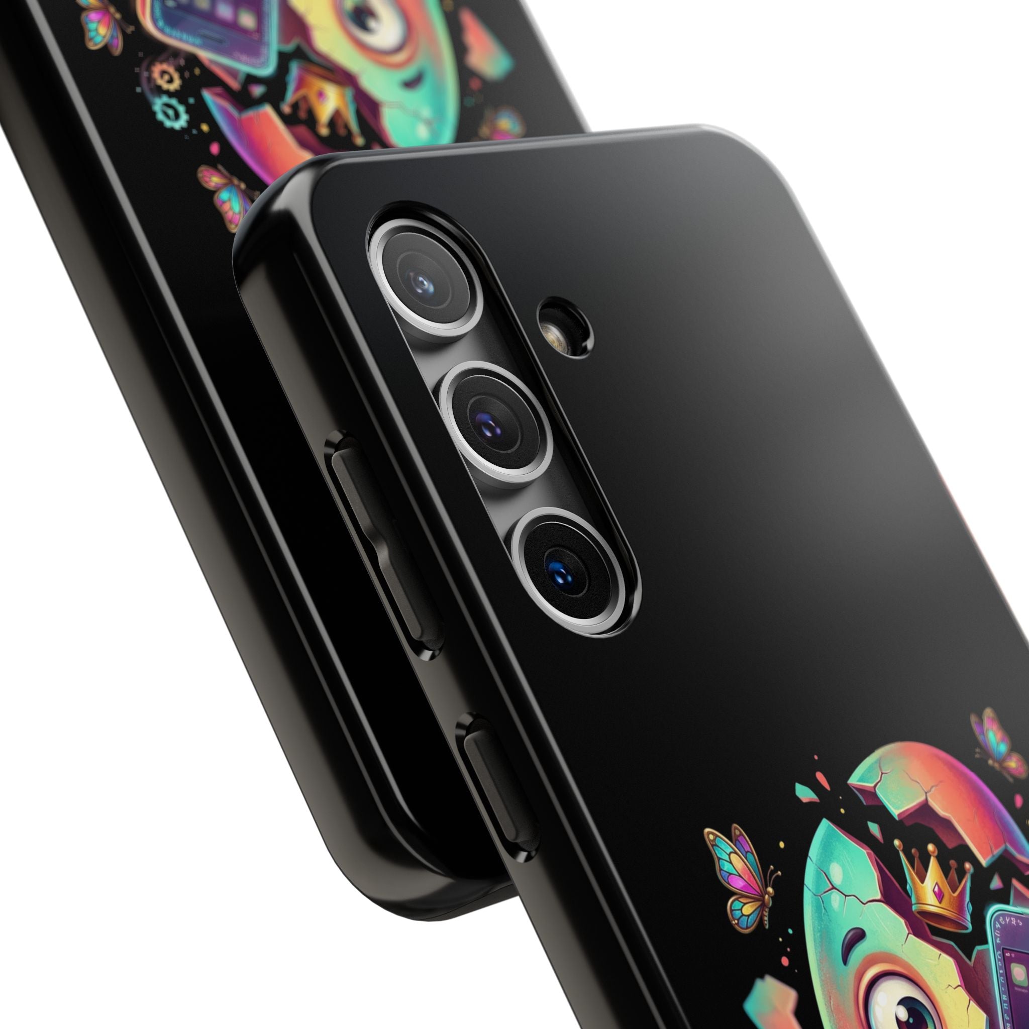 Hatchling Phone Case — Cute Neon Egg Character Holding Smartphone