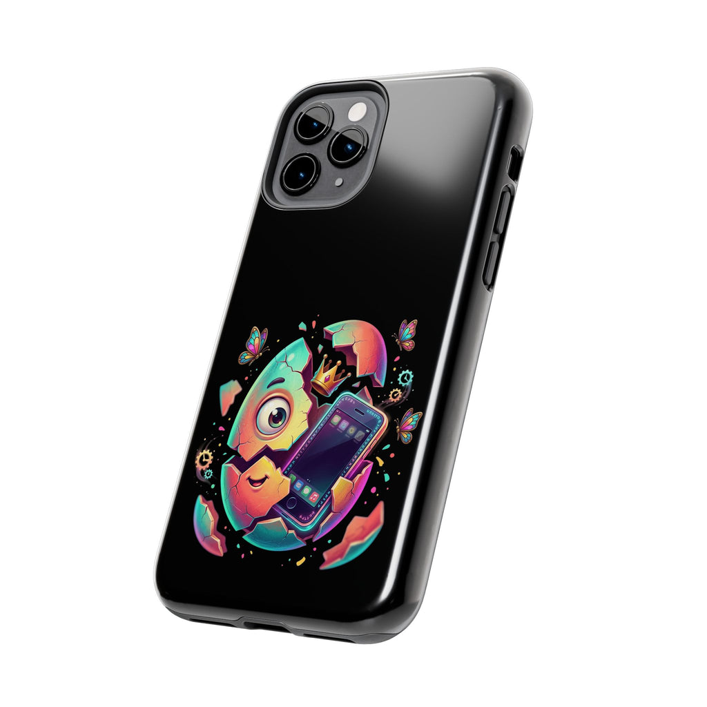 Hatchling Phone Case — Cute Neon Egg Character Holding Smartphone