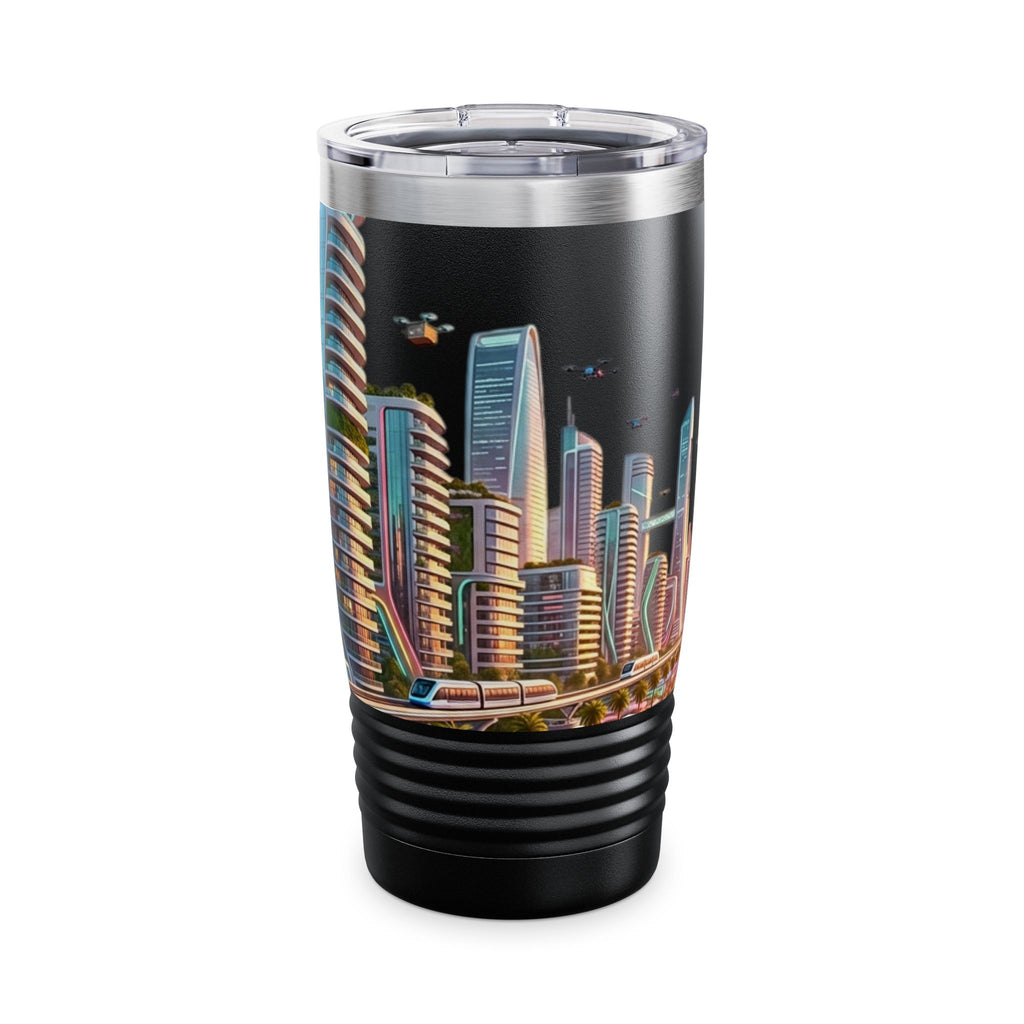 Cityscape Travel Tumbler — Futuristic Urban Skyline 20oz Stainless Steel