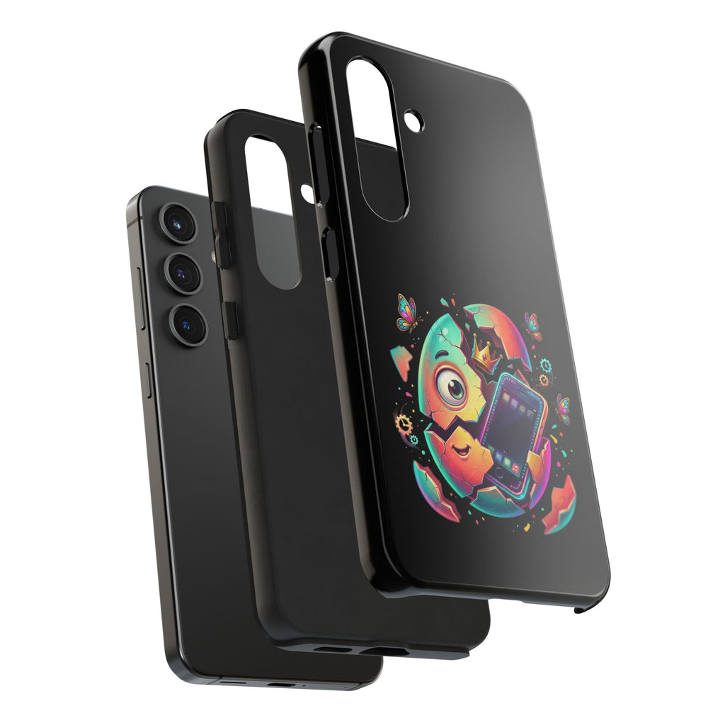 Hatchling Phone Case — Cute Neon Egg Character Holding Smartphone
