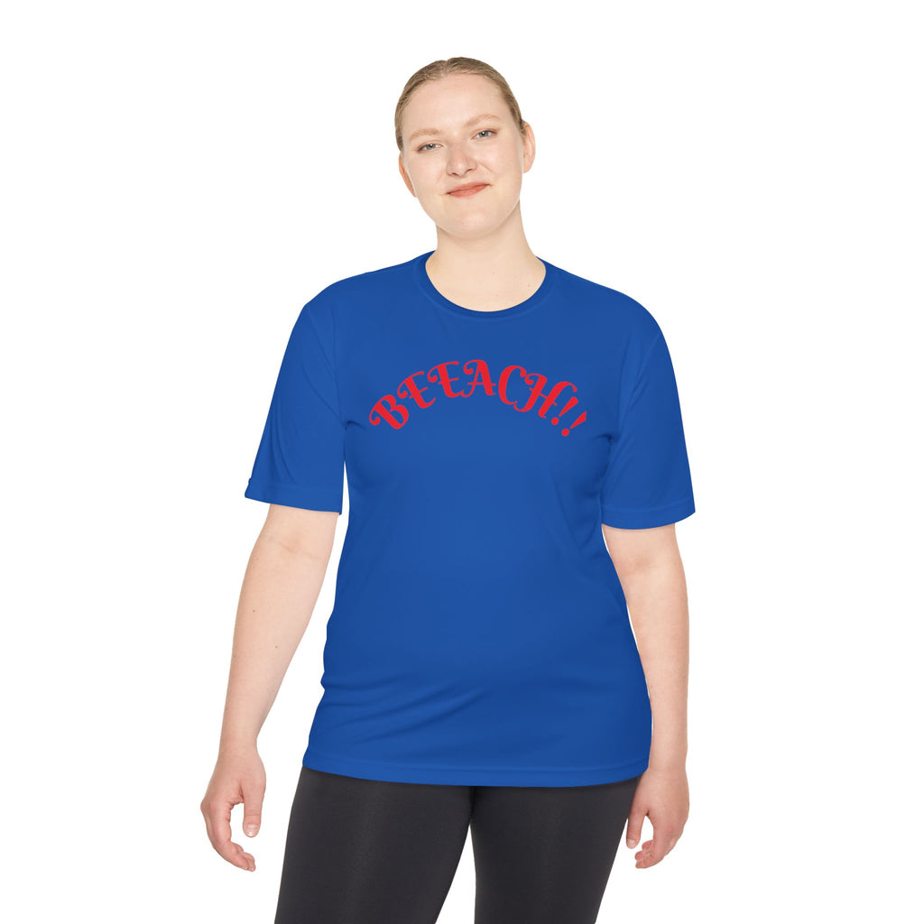 Beach Vibes Moisture-Wicking Tee — 'BEACH!!' Arch Logo